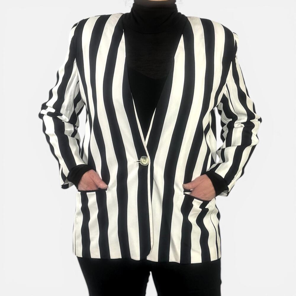 Vintage 80s Vertical Black White Stripe Beetlejuice Oversized Blazer Sz XL Goth